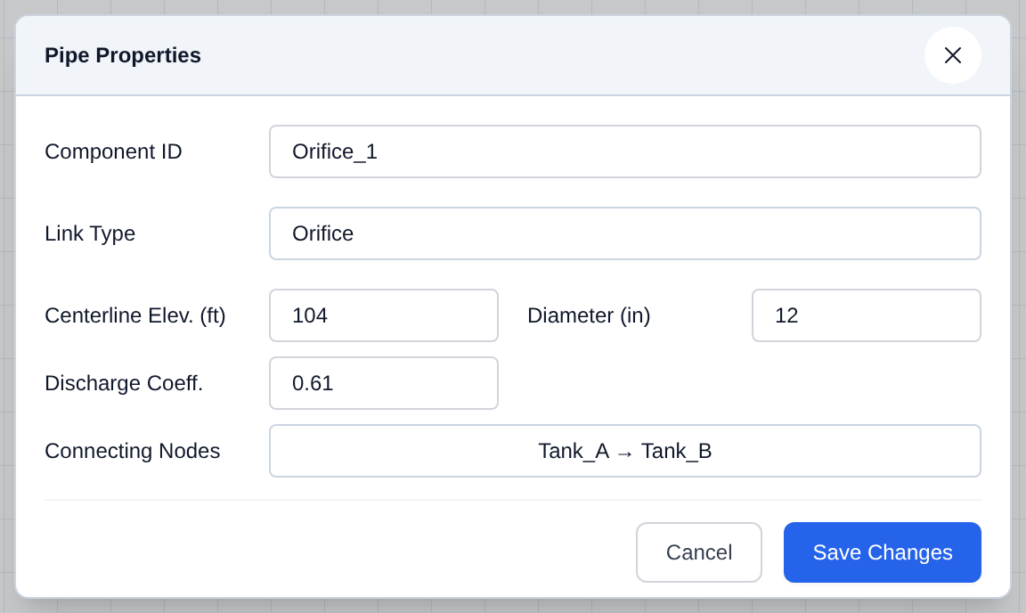 Orifice link properties dialog