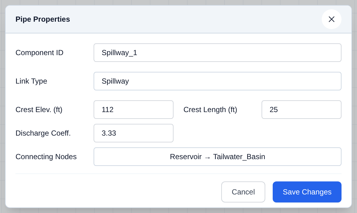Spillway link properties dialog