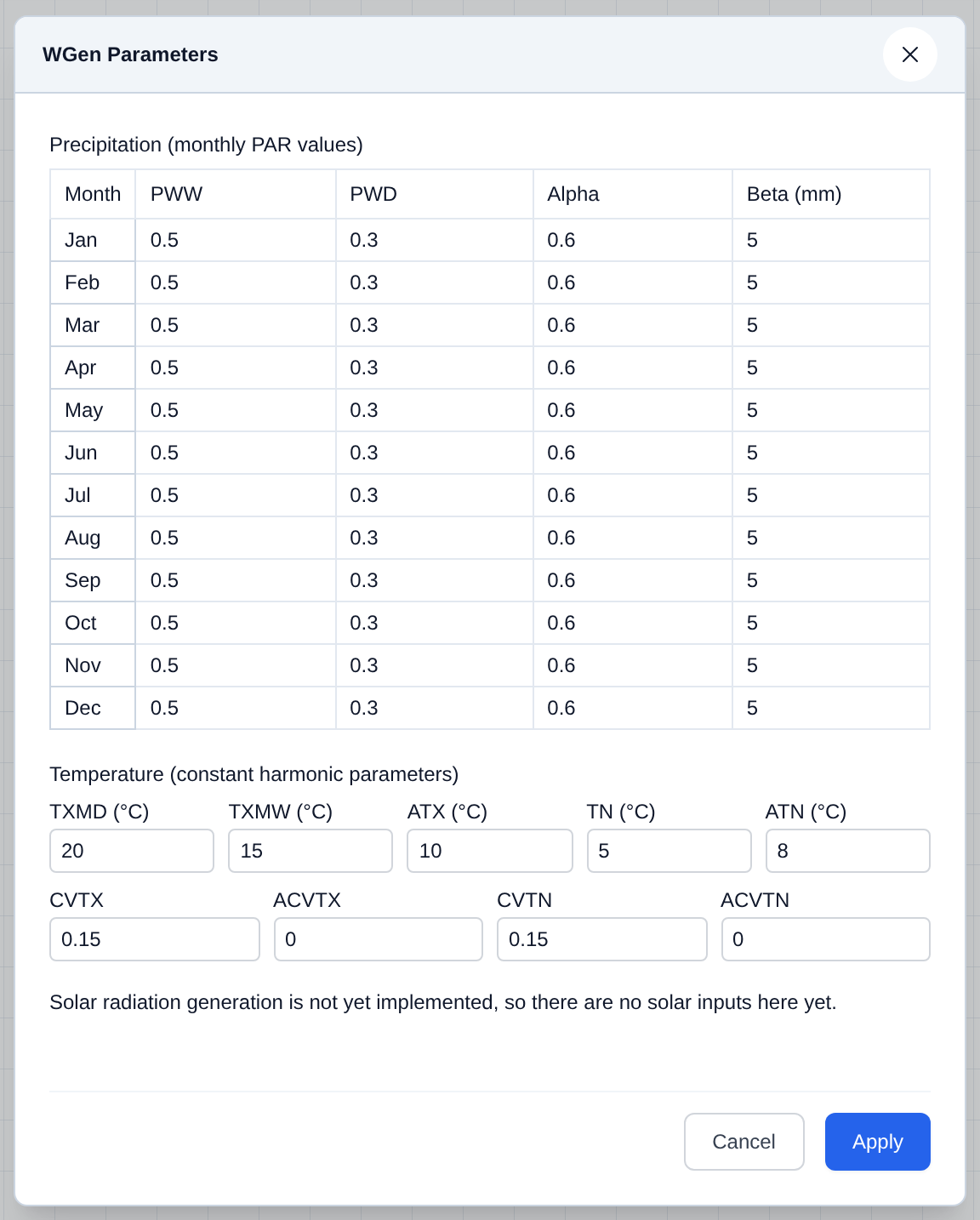 WGen Parameters